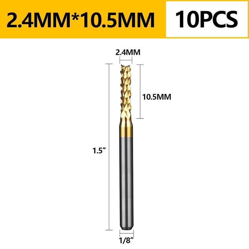 WEXWE Tools 10Pcs 2.4mm TiN Coating Solid Carbide End Mill Engraving Milling Cutter CNC Router Bits for PCB Machine, 1/8" Shank 1BOX - Image 5